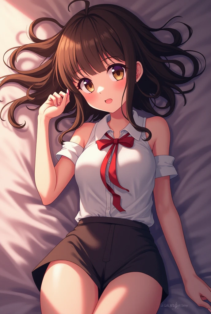 (spreading her legs for the camera:1.5)、(lying on your back on the bed:1.8)、（the skirt is turned up）、（I can see my vagina:1.8）、((No makeup:1.2))、(I can see my breast:1.8)、（disheveled clothing）、(realistic、Photoreal、super detailed、best detailed skins、highest quality、masterpiece、Super high resolution)、cute japanese woman、、high school girl、young girl、1 girl、have bangs、double eyelid、purity、double teeth、realistic肌タイプ、fluffy hair、red cheeks、(School uniform shirt）、white shirt with long sleeves and collar、（Dark blue skirt）、（Girly room）、bright atmosphere、8K RAW photo、High resolution、(very big round breasts:1.2)、beautiful eyes、detailed eyes、drawn in detail、long eyelashes、美しいdouble eyelid、beautiful and very thin legs、（Beautiful and very thin thighs）,simple necklace、nude short skirt、Quite embarrassed look、red cheeks,duck mouth、evil sex smile、evil sex look、beautiful and very thin legs、Beautiful and very thin thighs,（Angle from directly above）、Detached tie, masturbation, climax squirting, wet vagina, wet breast, masturbation with dildo, charming face climax masturbating. 