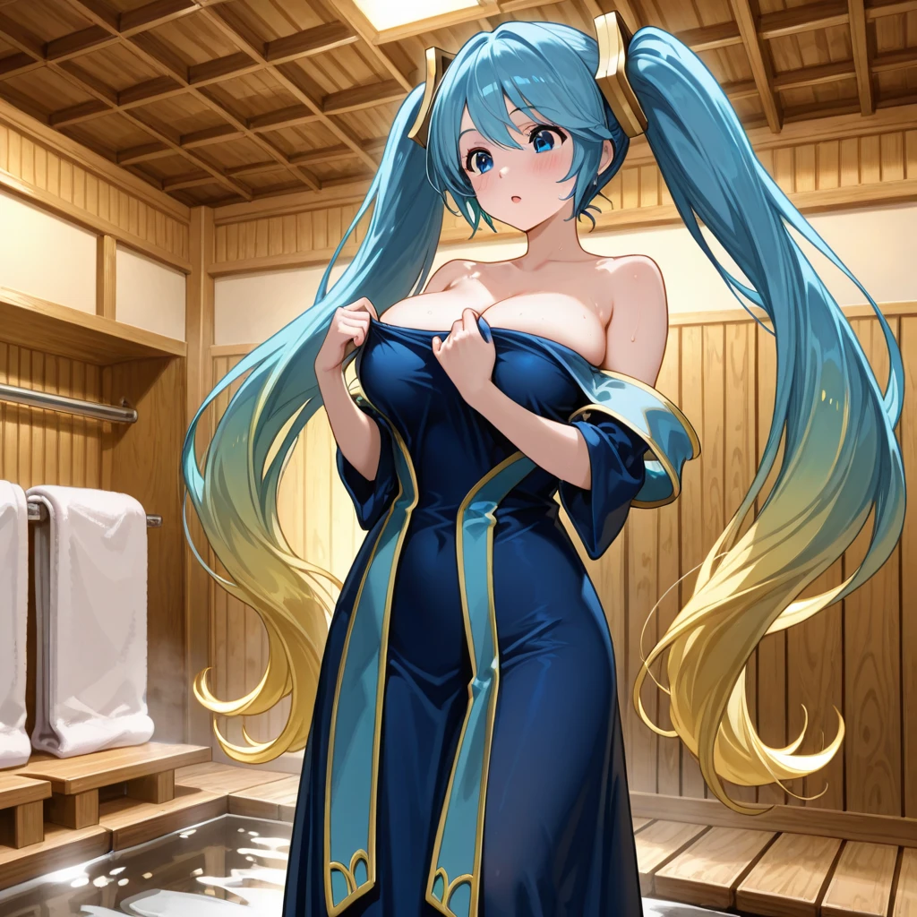 masterpiece, nami one piece, best quality, ultra-detailed, epic lighting, cinematic composition, anime coloring, 2d, anime, 1girl, solo, big breasts, hair blue, hair rings, ((naked)), green bow, bare shoulders, blue skirt, looking at viewer, :o, blush, crossed arms, from below, tavern (8k:1.1),nsfw, showing breast, blue eyes, topless,(Photo realsitic:1.5), (Raw photography, 8K UHD, film grains), Caustics, Sub-surface scattering, Reflectors、Convoluted, high detailing, foco nítido, Dramatic, Beautiful Women ,