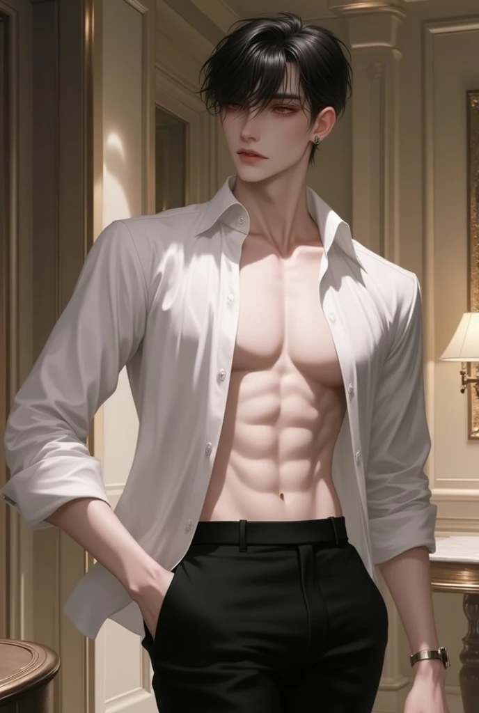 (absurderes, A high resolution, Ultra detailed, hdr), Masterpiece, Best quality, Portrait of a boy, Handsome boy with red eyes, Detailed face, Professional photo, The Alafed man is shirtless, legs are open,Leaning comfortably， (puffynipple(From below:1.1)), Focus on your audience,18 year old boy, Handsome boy, [ Firmly defined body ]，Abs，chest muscle，angelicales，full nude, exposed vagina, 
