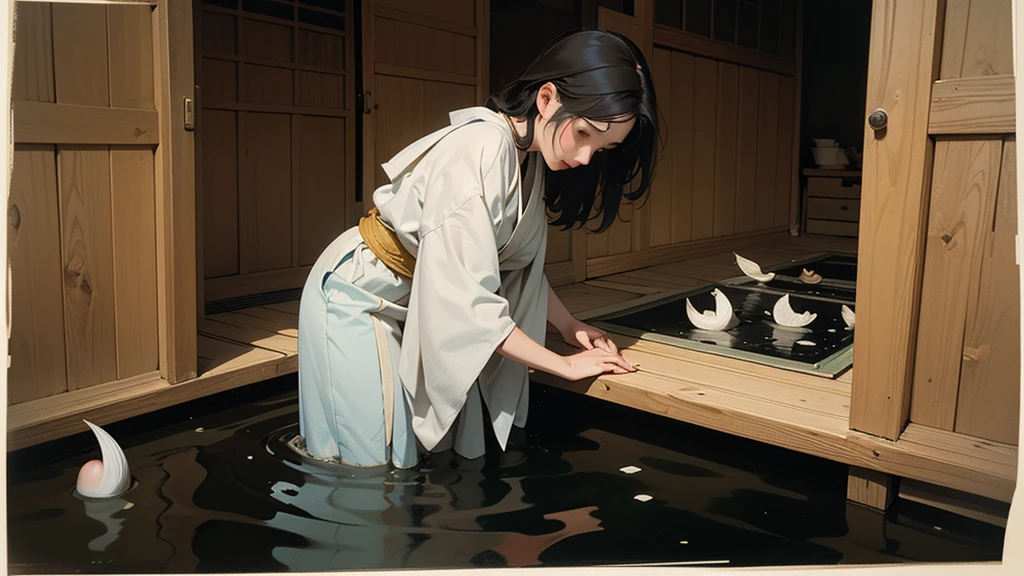 A 20-year-old woman with long black hair, wearing a simple summer dress, performing the traditional Japanese activity of uchimizu (sprinkling water) in front of a traditional Japanese house. The woman has a D-cup bust. The background includes a wooden house, a garden, and a veranda. The atmosphere is calm and refreshing, capturing the essence of a cool summer day.