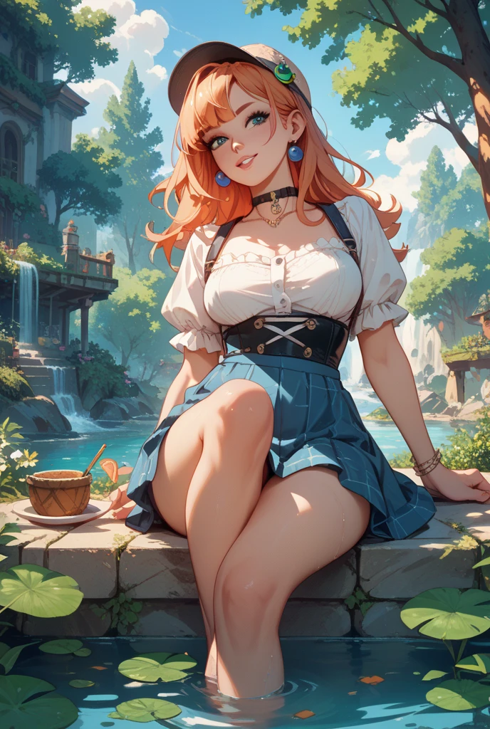 a female character, image seen from above; Rias Gremory is the main female protagonist of High School DxD; Image seen from above, well framed image, she is sitting propped up against a tree enjoying a moment of peace, she is reading a book, showing off a huge cleavage showing off her perfect breasts. Full body image, fair skin, symmetrical face, defined eyes, has a sensual body with a beautiful pair of large breasts, in the background a lake reflecting the landscape, with sunset lighting, with many trees around, green grass, blue sky,