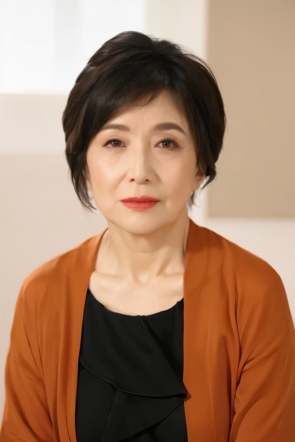 wears a black leather collar, 1/3 configuration, sharpen, solid color background, gravure, table top, highest quality, super detailed, realistic, super dense skin, perfect anatomy, (1 Japanese mature woman), (alone), 90 years old, big breasts, Mature AV Actress, Glamour, Sexy, pure white skin, looking at the viewer