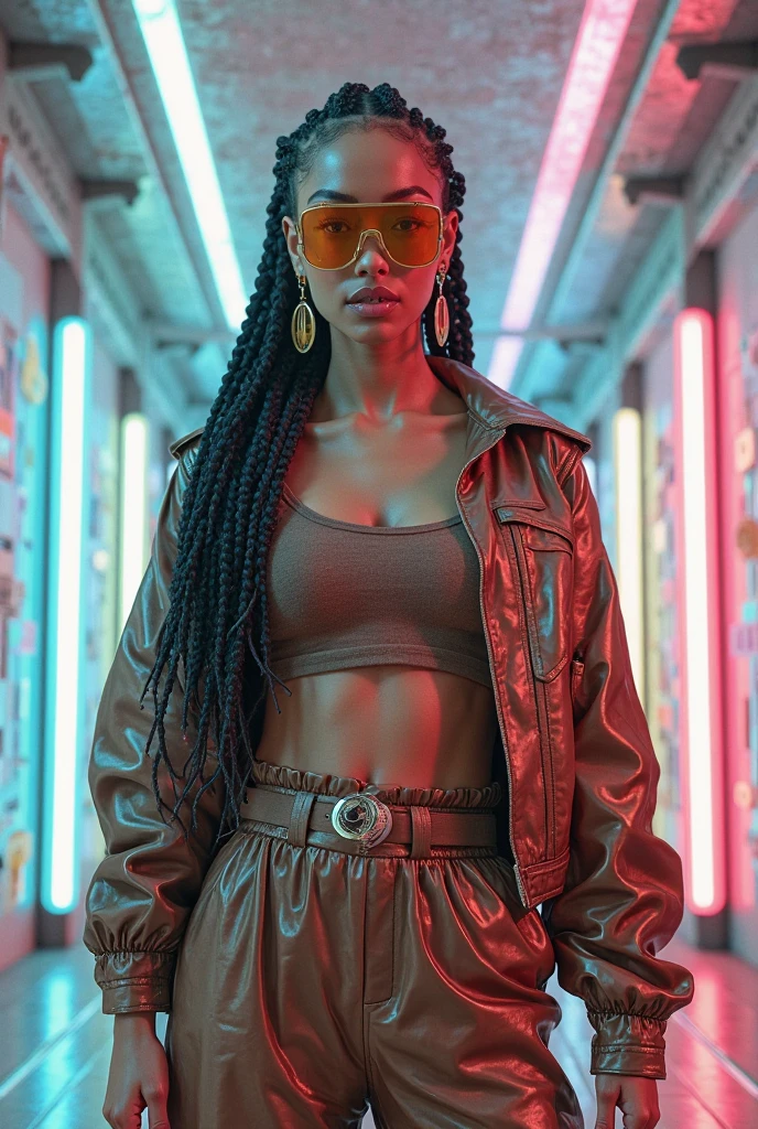 8k, ARTISTIC photography, best quality, masterpiece: 1.2), (realistic, photorealistic: 1.37)` Movie still from johnny mnemonic movie directed by (Robert Longo), (cyberpunk girl Holding a Gun ), an ebony woman (((Anna Diop))) , beautiful body, toned body, perky breast (( dressed in a Futuristic bubble jacket )), (((over-detailed clothing))), (((the color of the clothes is orange ))), posing, IN A Empty futuristic corridor lit by long LED lights.. background,