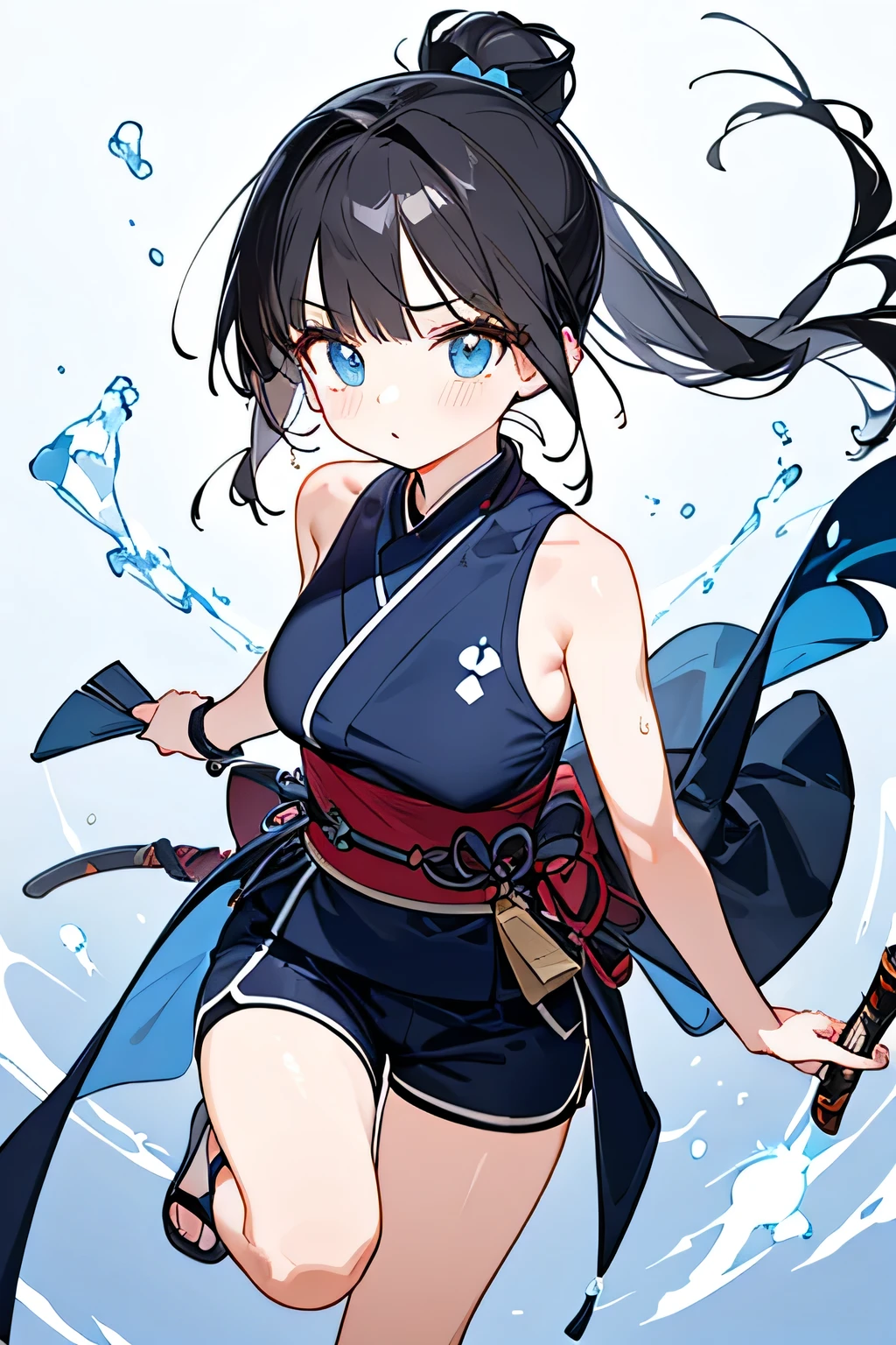 NINJA WIND，Beautiful girl，（（ bun ponytail）），mystical vibe， natural body，Hand guard，（sleeveless x kimono style＋long hem x shorts＝navy blue ninja costume）Niso x foot bag，Detailed Clothes，（Slender Body，marshmallow breasts ，），BEAUTIFUL BLACK HAIR，Beautiful blue eyes ，well-groomed face，Clear Skin，Fair skin，Japanese face，