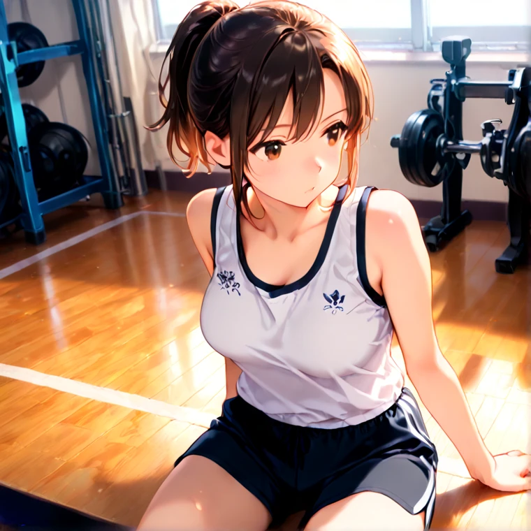 Taeko Kondo、Girls&Panzer、Brown Hair、Short Hair、((Short leggings))、Photo from below、Medium chest、Bedroom、(Gym clothes with short sleeves)、Red ribbon、((Black knee-high socks))、(The whole body gets wet)、Kneeling