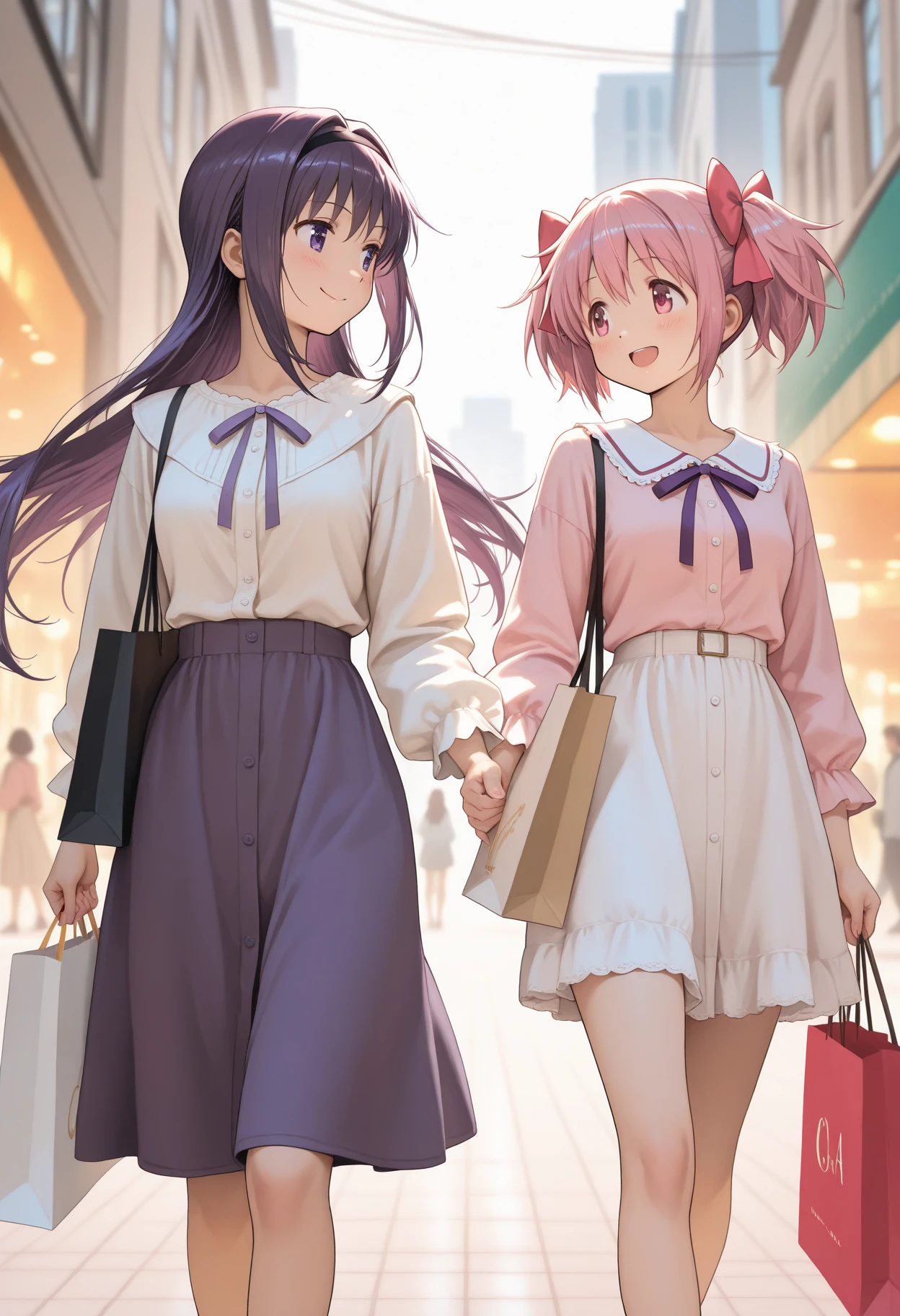 (Masterpiece, Super Detail, Best Quality, 8K, 32K, HDTV, Kyoto Animation Style Anime Illustration, Best Picture Official Art Function: 1.6), (Heterochromia, Blue and Green Eyes: 1.8), Shining (NSFW: 1.5), (Chibi: 1.8), (Caregiver, 1 Cute Girl, Solo, Standing, Watch Viewer, Upper Body, Frontal, Leaning Forward, Cute Open Mouth and Cute, makeup, cute, embarrassing: 1.3), (loli: 1.2), (cute: 1.5), (white shirt and black long pants with open front, bra visible, big, cleavage, loose red blouse: 1.5), touching breasts, (footwear: sneakers), (pale pink hair, braid, medium hair, hair ribbon, cute ribbon: 1.1), thin eyebrows,