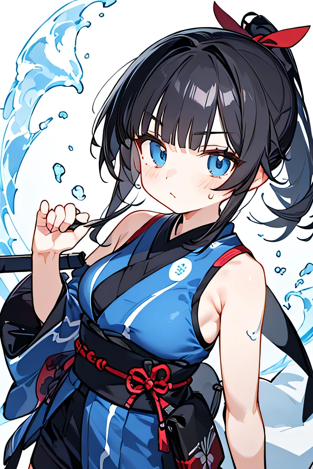 NINJA WIND,Beautiful girl,((cool x ponytail)),mystical vibe, natural body,Hand guard,(sleeveless x kimono style+Long hem x shorts=navy blue ninja costume)Niso x foot bag,Detailed Clothes,(Slender Body,marshmallow breasts ,),BEAUTIFUL BLACK HAIR,Beautiful blue eyes ,well-groomed face,Clear Skin,Fair skin,Japanese face,