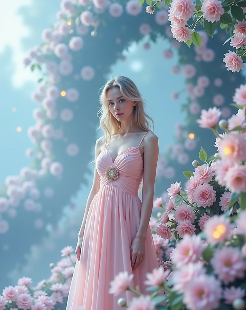 Arafed woman in a pink dress standing in front of a floral backdrop ...