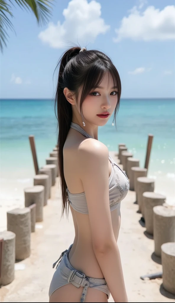 (Ultra Realistic), (Illustration), (High Resolution), (Best quality, 8K), (Best Illustration), (Beautiful Detailed Eyes), (Best Quality), (Ultra Detailed), (Masterpiece), (Wallpaper), (Detailed Face), Solo, (micro bikini), Japanese, (perfect body), (slim), (large perky tits, cleavage), (bangs, long hair in ponytail), (whole body visible), (back facing), (long legs), (winter background, outdoors, scenery, snow and lake)