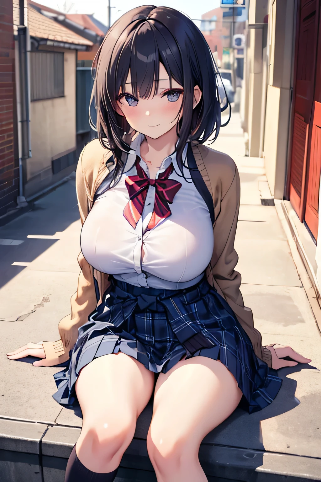 girl, In town, stage, shortcut, Tying hair,big breasts, thighs, yukata, perfect lips,beautiful eyes, smile, blue eyes, blush,perfect anatomy, shape, algorithm trends,sit