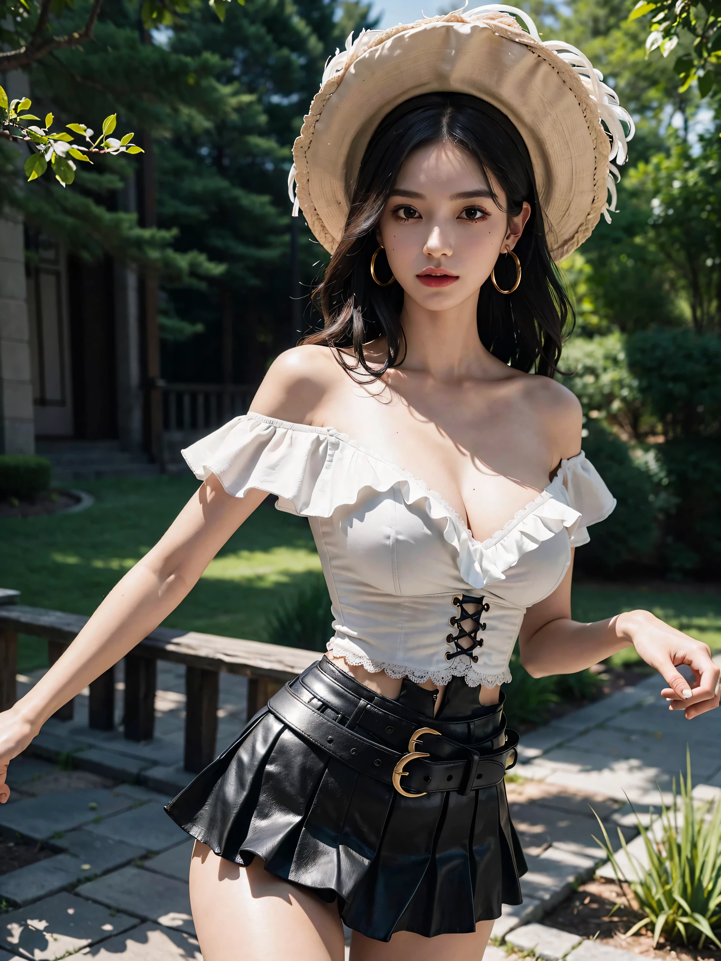absurdres, RAW photo, extremely delicate and beautiful, masterpiece, Best Quality, ultra high resolution, 32k, hyperrealistic, ultra-detailed, perfect anatomy, anatomically correct, perfect figure, super Detailed skin, pale skin, 20 years old, very Slim body, narrow waist, very small head, very small face, delicate facial features, detailed face, detailed eyes, tearful mole, earring, thin legs, bare legs, ((very huge round breasts)), short medium hair, ((wavy hair)), wet clothes, solo, collared white shirt, ((cowgirl costume)), vest, cowboy hat, fingerless gloves, midriff, neckerchief, shorts, holster,