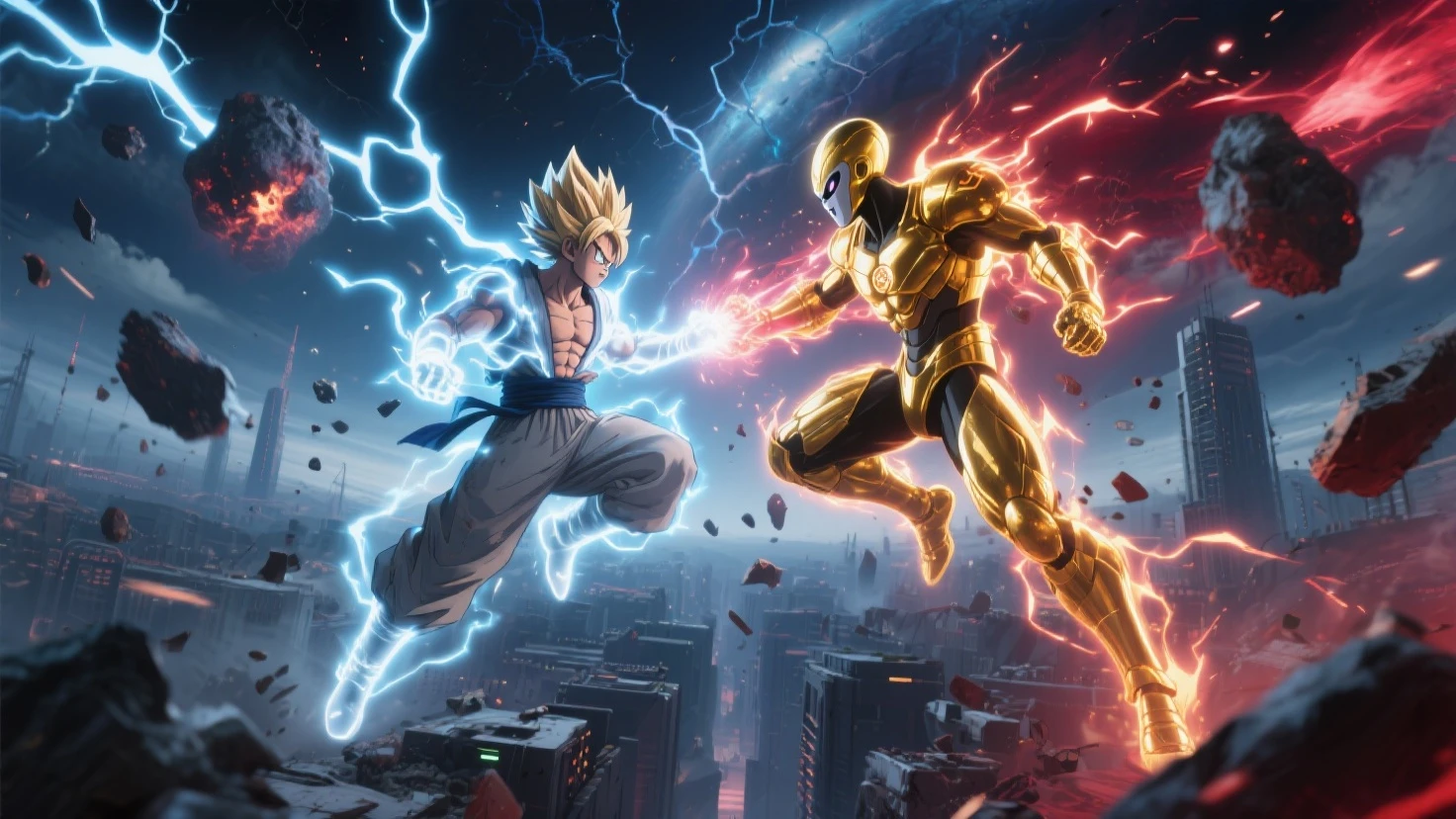A (fusion of super sayajin 4) standing on a street of a Cyberpunk city, fire, dust everywhere, destruction, epic image in best possible resolution, 8k, ultra detailed, very realistic, depth of field, a work of art, --style Fantasy --