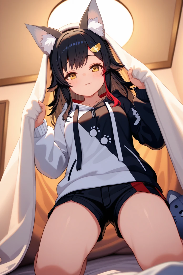 beautiful, (Masterpiece), Best Quality, (extremely detailed face), extremely detailed eyes, perfect lighting, General detail,(junkotvv) detailed, deep skin,textured skin,
,Bear costume ,black Bear costume, long sleeves, hood up,,mauve , long black fur, Red eyes, big smile,in bed ,sitting between pillows,
,