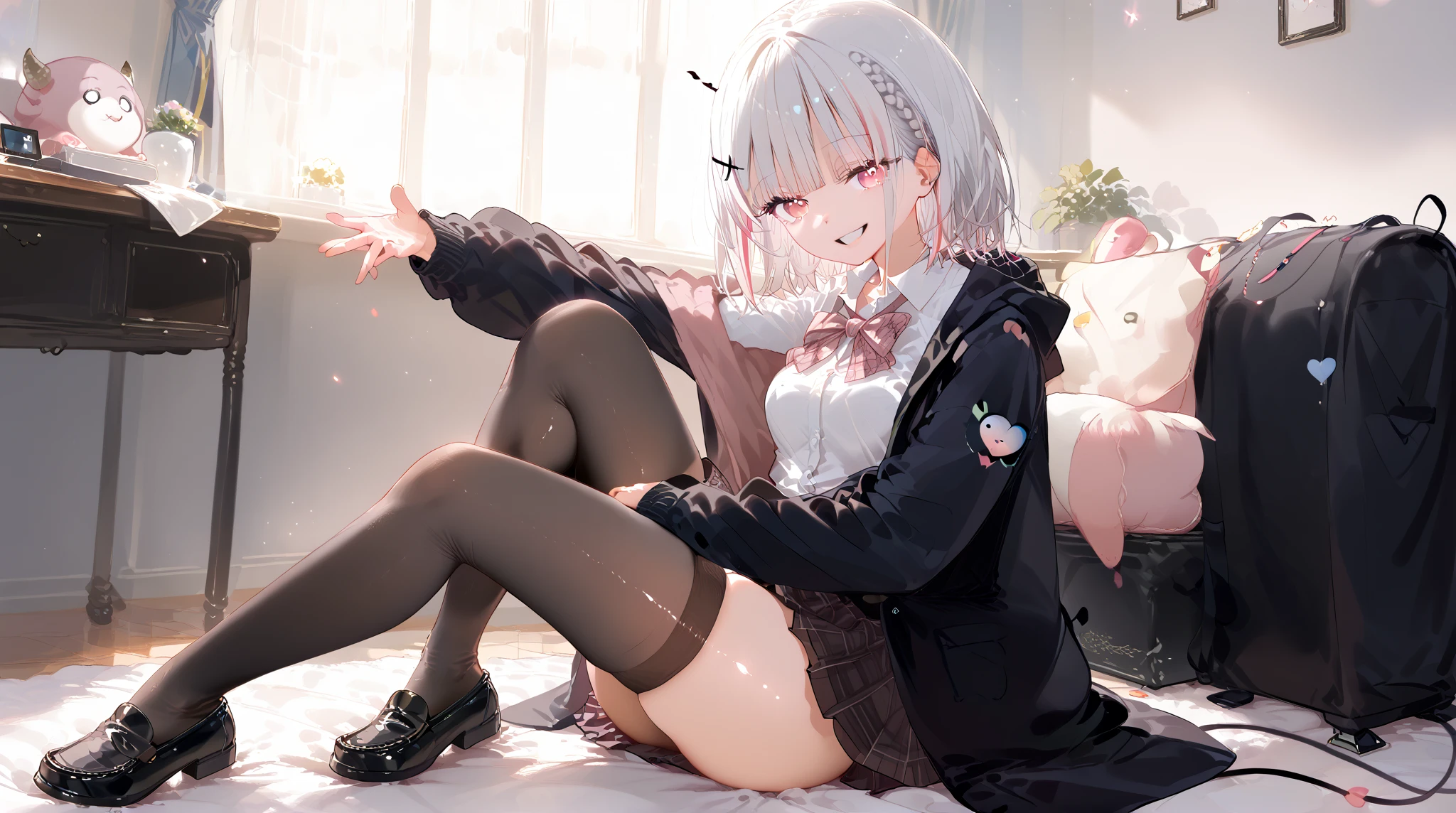 ((Capa)), ((Ilustration)), 1girl, (lolita), ((((short white hair)))), (((blunt bangs))), yellow eyeessy hair)), ((((without expression)))), ((arms crussed)), (((sitting with legs crossed in bag))), ((wearing white tights)), Sonolenta, ((ahoge)), black School uniform, desleixada, ((melhor qualidade)), ((obra de arte)), (detalhado), rosto perfeito, ((style novel)), ((in Room))