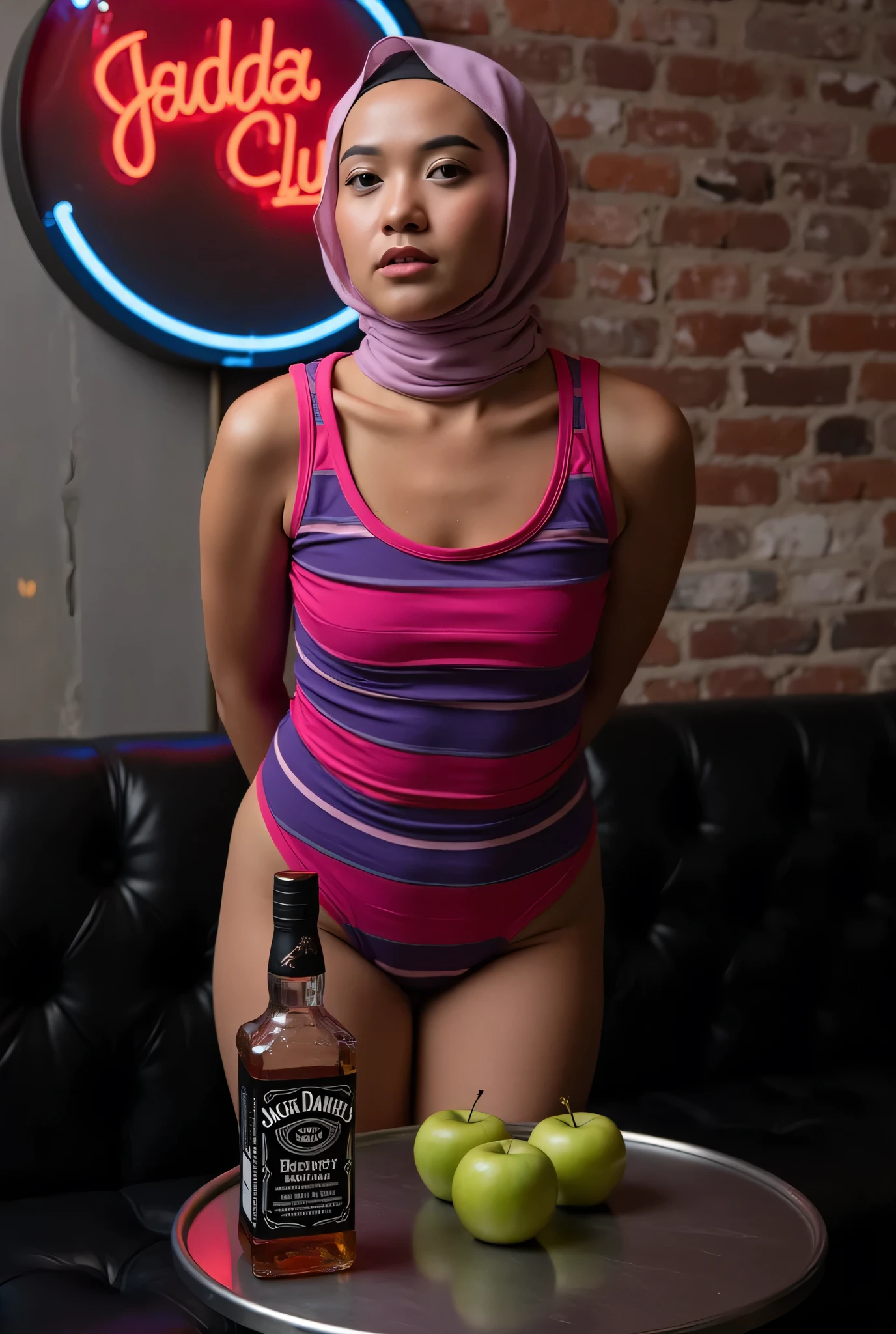 face cute smile , Front posing, Wearing Scarf neck tie, Front posing, SKINNY SUPER OLD LADY, memakai kacamata rabun, (Thighs and calves huge muscles), (((MOODY FACE EXPRESSION))), "Wearing Hijab perfectly", wearing Scoop Neck Sleeveless purple & red Bodysuits singlet swimsuit 'Striped print', (KEDUA BELAH TANGAN DILETAK LETAKKAN DIBELAKANG PUNGGUNG) PLEASE DON'T PUT ANYTHING ROPE!!!, THIGHS OPEN WIDE,
THIN SKINNY HIJAB INDO MALAY (Singlet ), 1 girl, 'MOODY FACE EXPRESSION', Half body portrait, (face details: 1), (Eye details: 1), ((Big breasts)). ultra high res. realistic: 1.4, UHD, (((dark background))), Background worn old brick wall, round Signboard 'Janda Club's' neon light at wall, Sitting on a round table stainless steel A two Bottle of Whiskey 'Jack Daniels and two green apple' Above it.