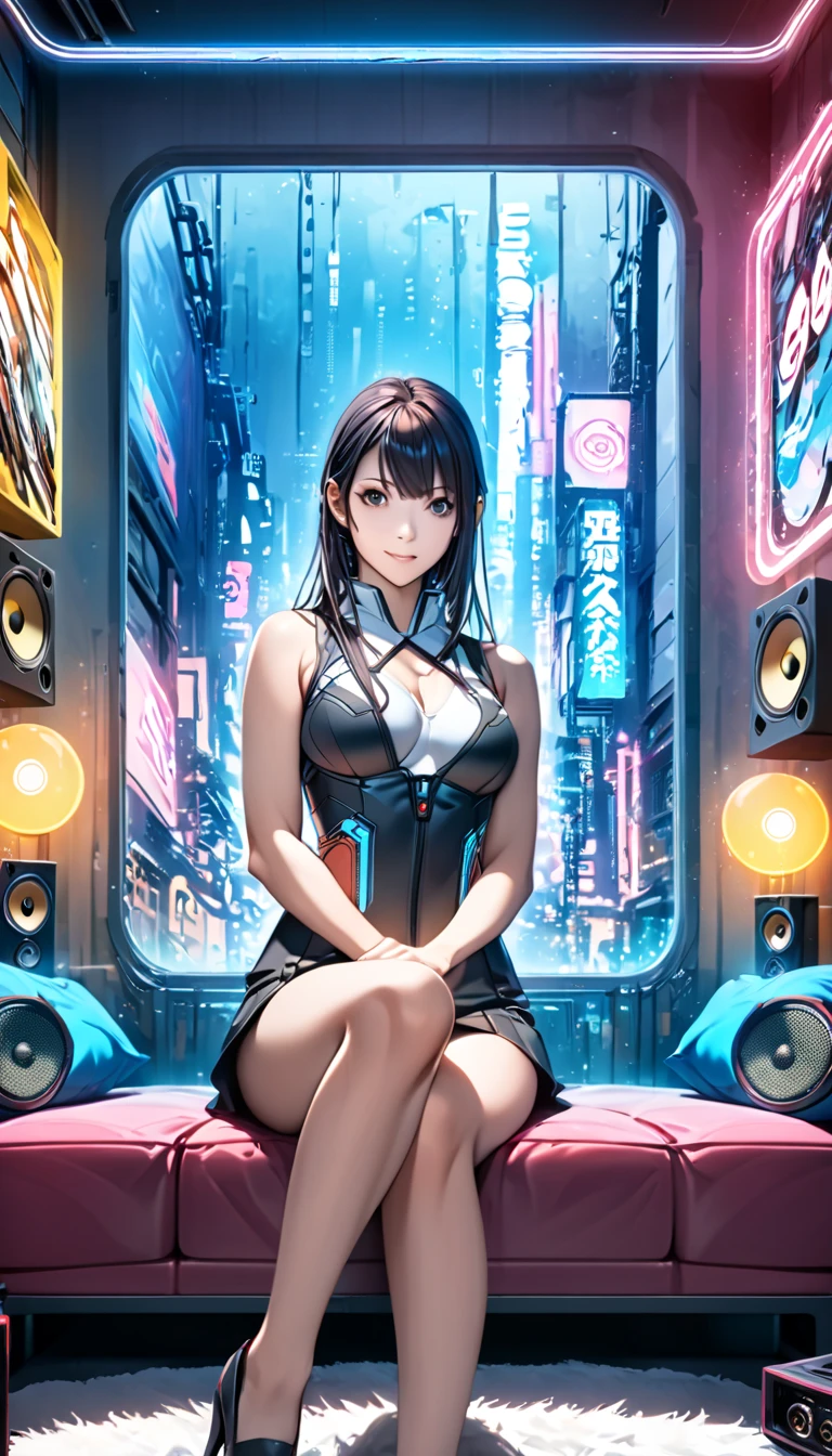 A woman wearing a white bikini and headphones、A beautiful night view behind、Big Breasts、sexy、Indoor pool with a night view、Moonlight、Unbuttoned、Downlight、full moon、Stylish interior、Ruby Eye、Woman lying on a vinyl boat