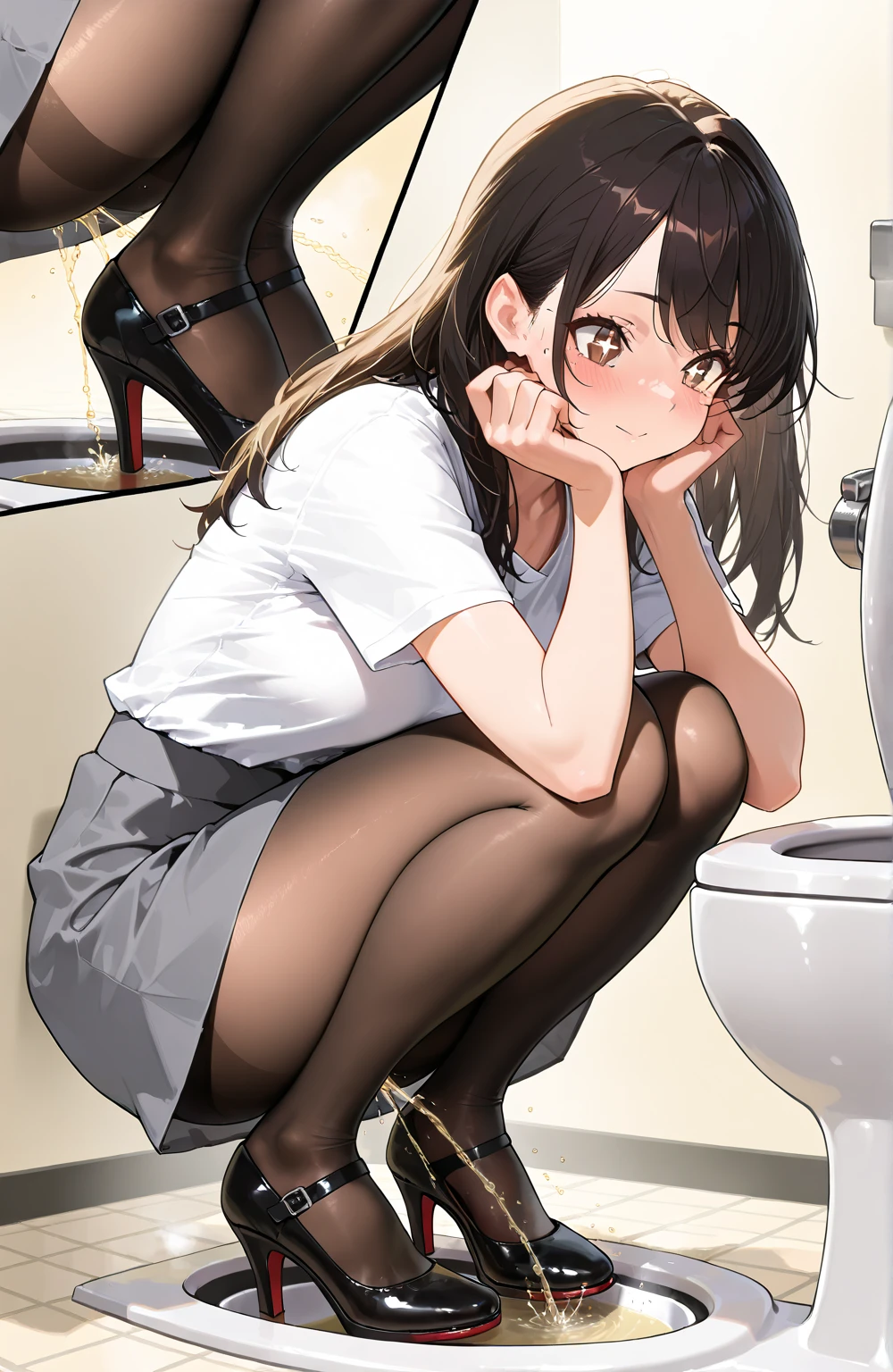 Woman in black suit、black suits、Black Slim Skirt、Blonde Shorthair、Black pantyhose、emerald eyes、bluntness、red blush、Beautiful fingertips、japanese toilet、pussy juice、no panties,pussy juice,pussy、masturbation