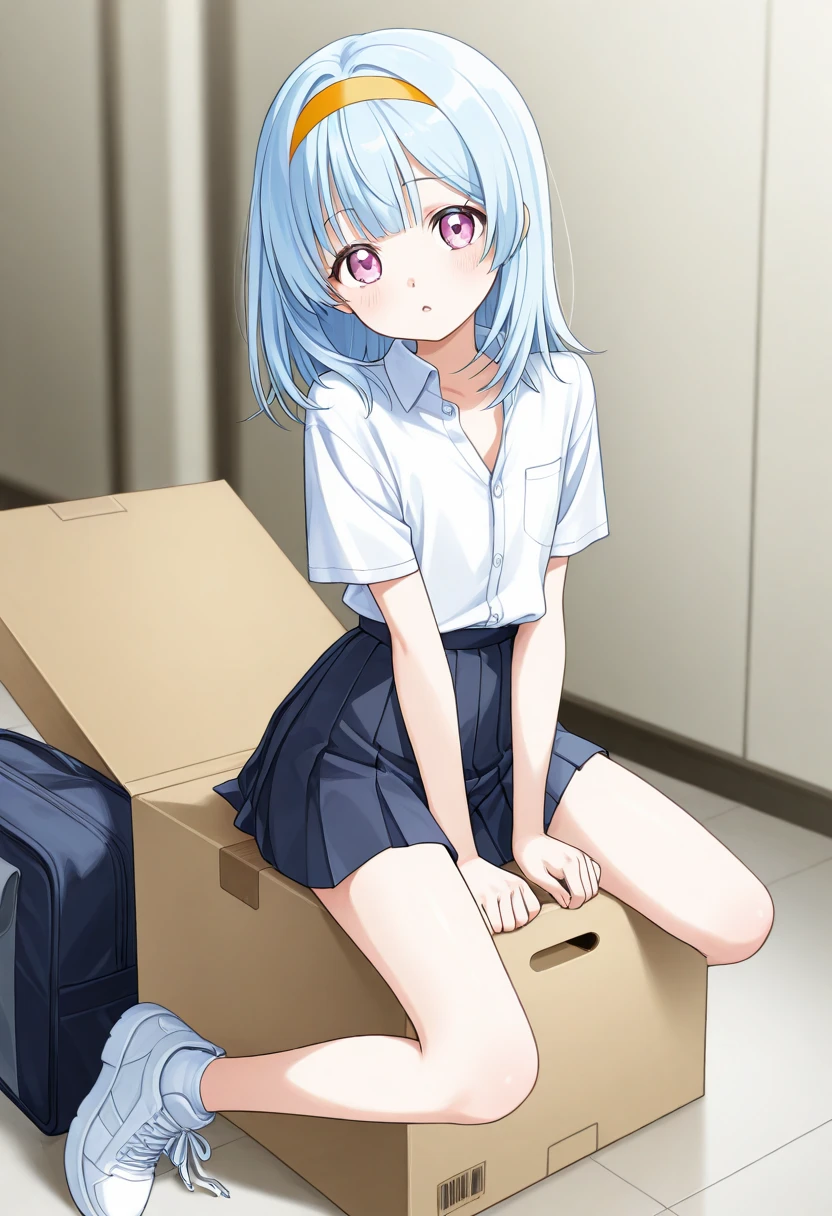(1) There is one woman.
(2) A woman falls and hits her butt, and you can see her white panties.
(3) woman wearing v-neck knit, miniskirt and knee socks.
(4) she has medium length hair.
(5) The location is a room full of cardboard boxes during the move..