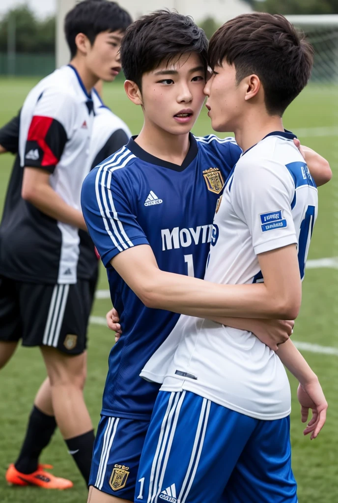 Two Korean men in wet soccer kit kiss