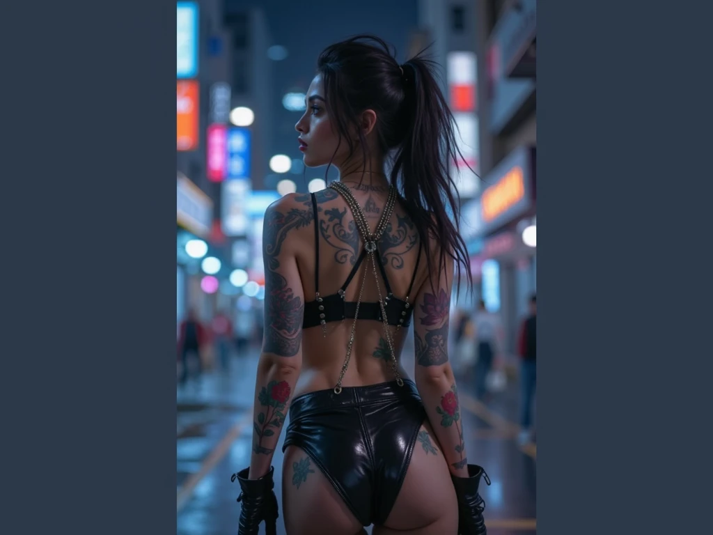 A close-up portrait of a girl, Classic Bob, incredible body, Pronounced feminine features, blue hair, Pieces, Flirting with the camera, full body, City background in night neon, bikini, tattoos, showing her ass to the camera