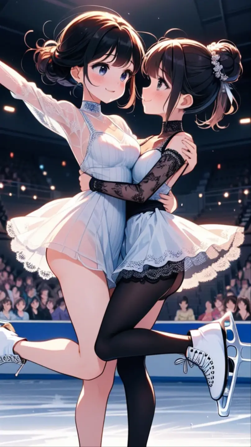 (((masterpiece))), (((best quality))), (((from side))), (((pair skating))), (((2girl))), (((girl lift another girl))), ((hug waist)), ((hold hand)), ((dancing on grand ice skating exhibition)), bling decorate lace dress, sleeves, cinematic light, countless crowd, wind, night, solo, 1girl, smile, cleavage, ((big tits)), collarbone, sweat, ribbon, black updo hair, rosy lips, shy, blush, slim figure,  <lora:girllikepairskating:1>