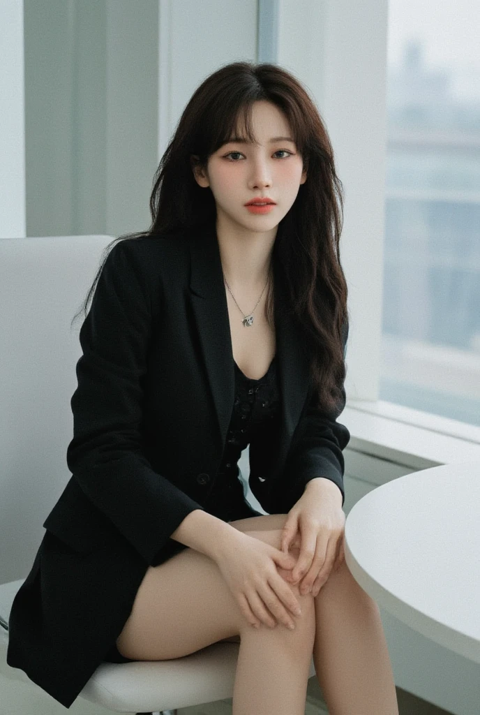 the 19 year old actress is the most beautiful woman in the world, her face is the prettiest, perfect proportions of a woman's body, blazer is worn with formal shirt on her upper body, her vagina between opened legs, two pairs of labia under a clitoris, her pubic hair, she is sitting on a couch, nsfw, best quality, highly detailed, masterpiece, ultra high res, photo realistic, 8k