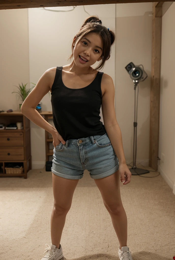 Ginger girl squatting pose, sexy, skirt, luxury decoration, smiling,