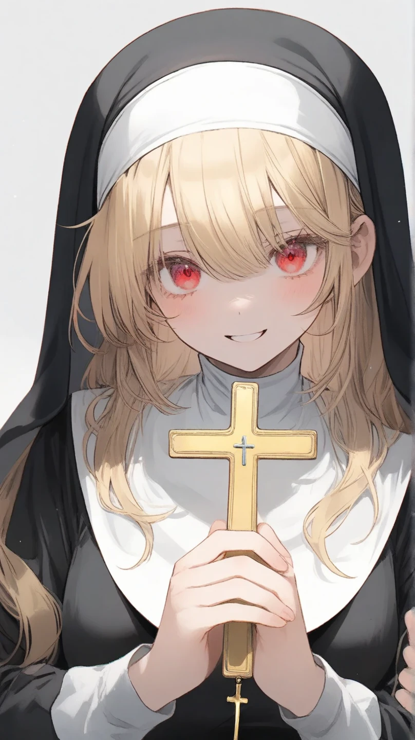masterpiece, best quality, 1girl, solo, 1girl, (lambda11), blonde hair, red eyes, single braid, braid, medium breasts, black dress, (nun), church