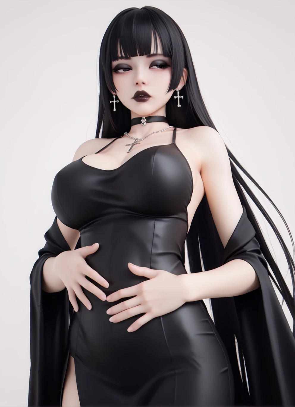 Gender:Female 
I have long black silky hair, Pale skin, his lips are delicate pink hue, stand out against her pale complexion, adding a touch of softness, Evangeline's eyes are a mesmerizing shade of sky blue, reminiscent of diamonds gleaming Her eyes, reminiscent of a fox's, are framed by long, dark lashes that accentuate their allure. Evangeline's nose is straight and finely sculpted .slender Evangeline's hands are slender and dexterous, with long, graceful fingers that seem almost ethereal in their delicacy.  5'5 "in height and big tights, big chest and hourglass body and big ass (Naked)