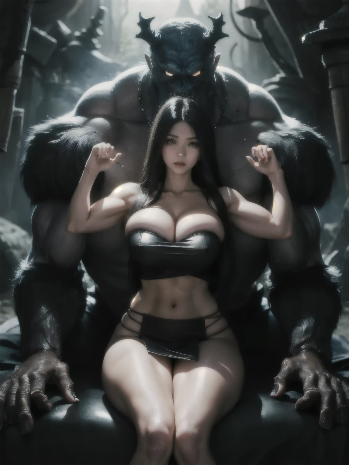 Octane rendering, HDR, (super detailed:1.3), (Soft light on the front, Sharp:1.2), 1 girl, beautiful Korean woman hugs monsters in a dark forest, detailed facial, View完美身材, Shy face, photography, Maximum details, neutral color , HDR, soft cinematic light, crazy details, ((realistic filter)), (looking at the camera), (big ), surrounded by monsters, Scary monster, Various monsters , V-neck, low-breasted, muscular abs legs, View,(Clothes torn by monsters,Clothes that don't cover the body:1.1),clear muscle lines