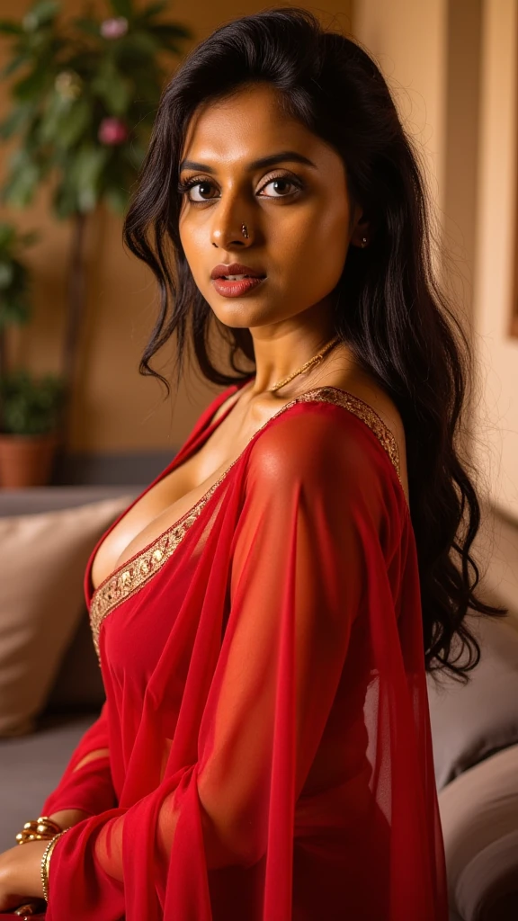 (best quality,8k,highres,masterpiece:1.2),ultra-detailed,realistic,indian woman,30 years old,full body image,glowing skin,big breasts,bun hair style,looking at viewer,beautiful detailed face,Shy smile,wearing light red v neck full length silk nighty,detailed clothing style,day time