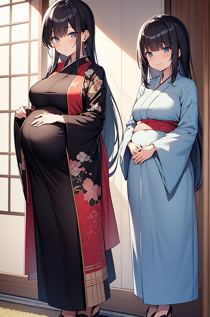 masterpiece, extra limbs, 1 japanese house wife, age sixties woman 60 years old, black chignon pubic hair, large breasts black nipples large dark areolas plump, (((satisfied))), pregnant, wedding ring, standing breast hold,(clothed kimono)