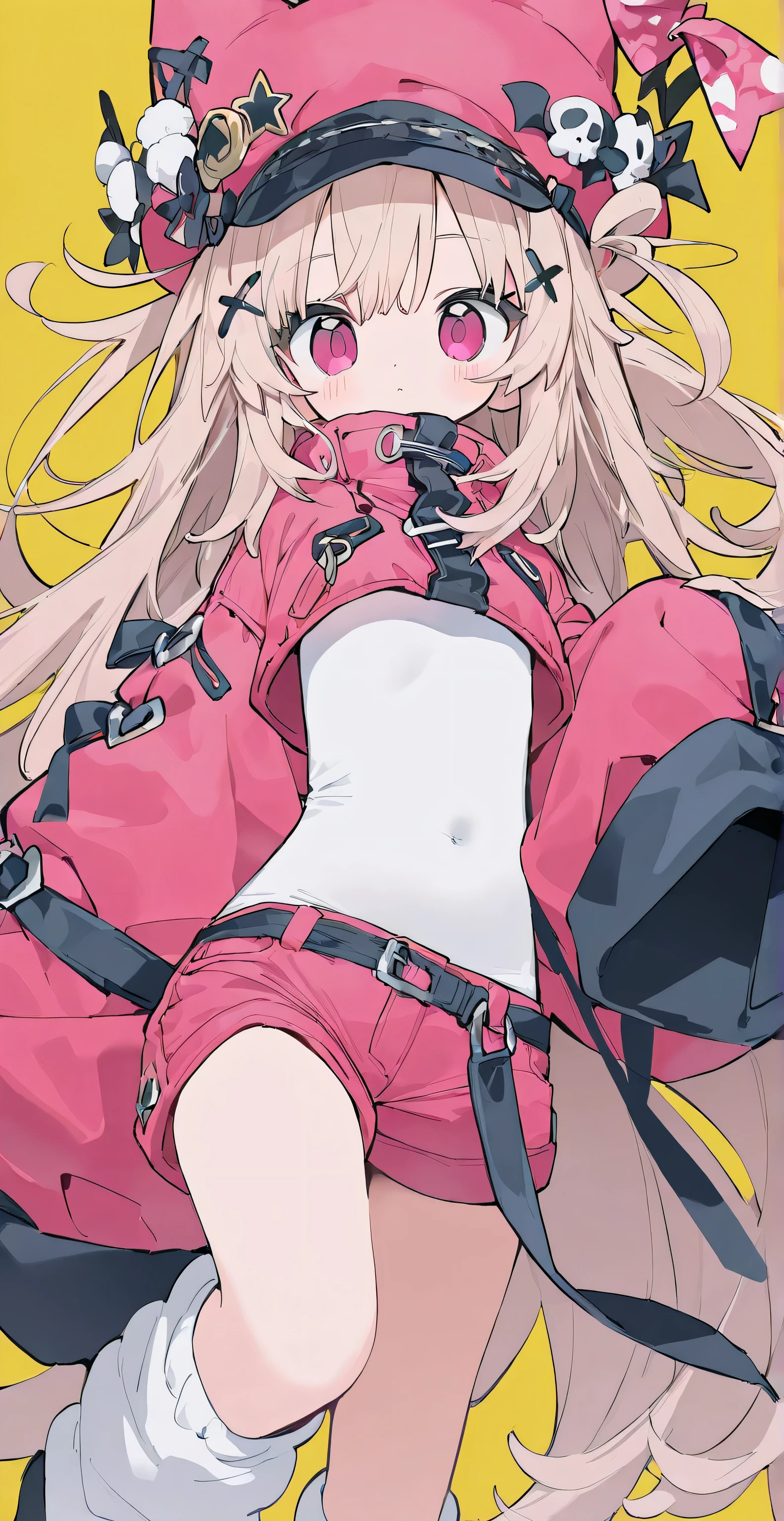 short pants, flat chest, clothed, covered body, tight clothes, cropped clothes, oversized longsleeve, loose socks, medium breasts, long hair, detailed clothes decoration, A dynamic pose 