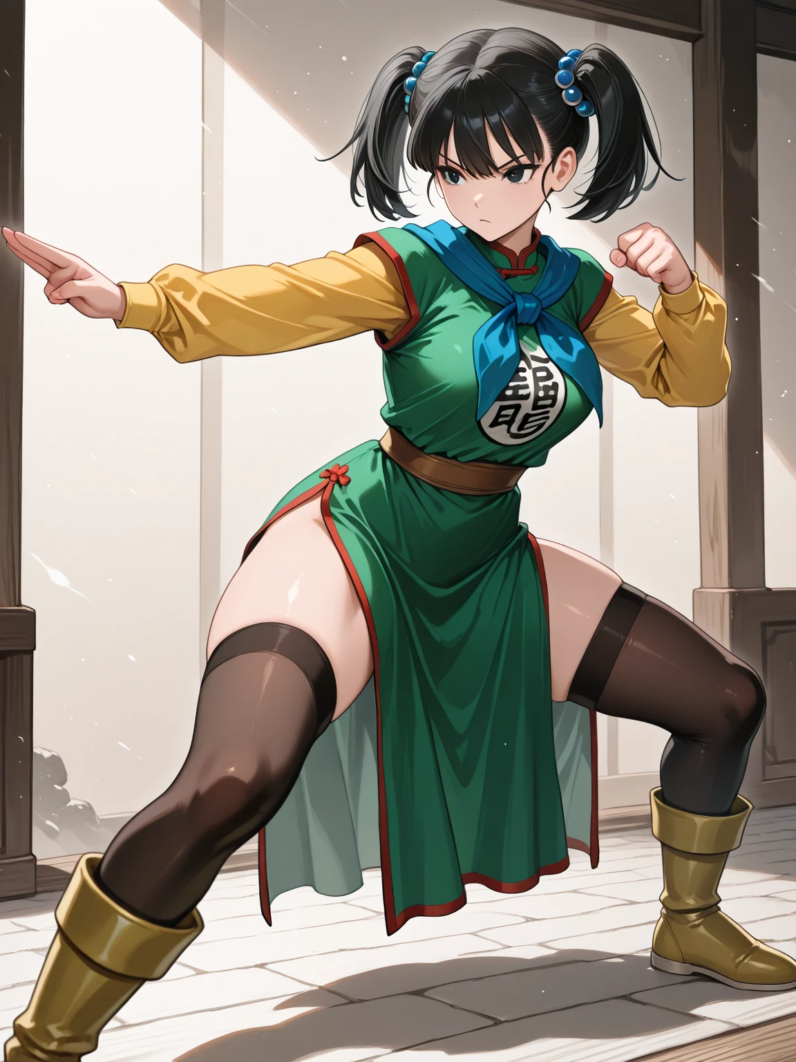 masterpiece, best quality, highres, 1girl, solo, black hair, hairband, belt, short hair, dress, chego, branco eyes, hair bun, green hairband, blind, chinese clothes, hair bun, green dress, short sleeves, pelvic curtain, barefoot, fighting stance, rock, outdoors, --auto