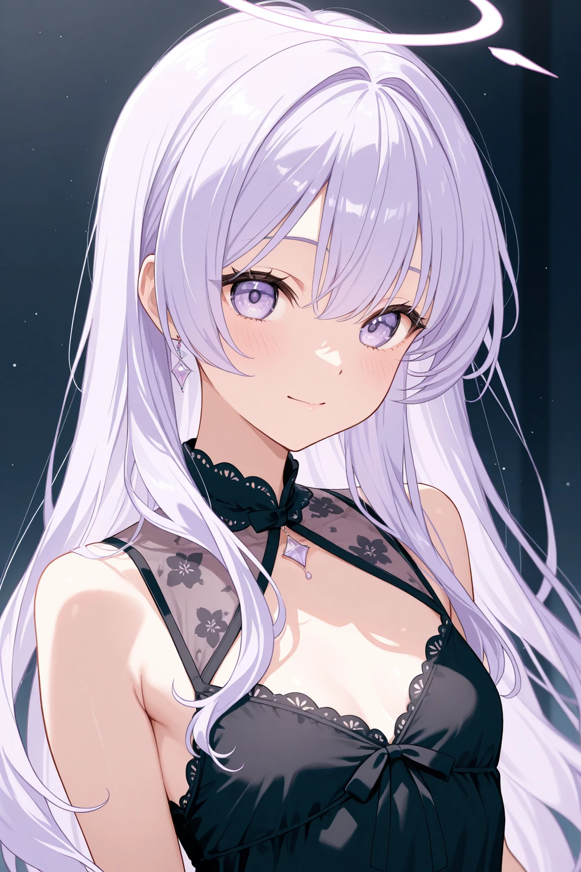 A beautiful woman with long, loosely wavy light purple hair。Silver eyes。She is wearing a dark blue dress with black lace, and the background is a European garden with wisteria-like flowers in bloom.