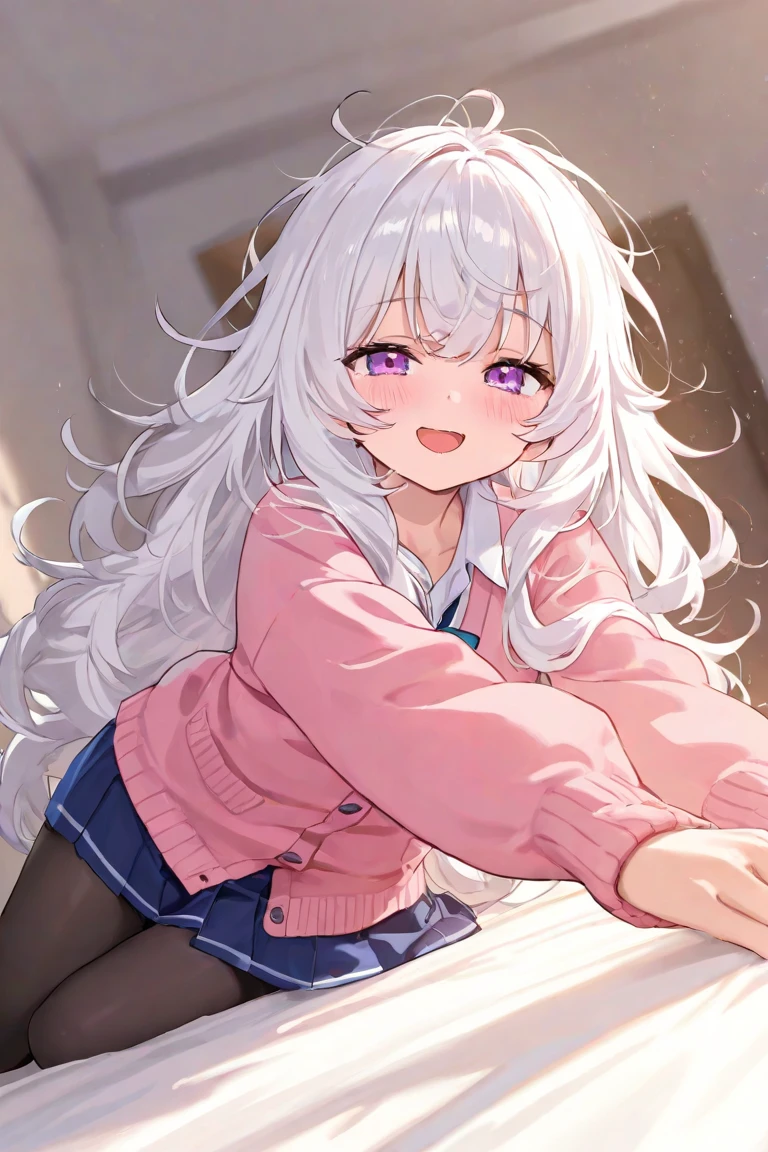 masterpiece,Highest quality,girl,smile,Wavy long hair,Silver Hair,pinkインナーカラー,cute eyes,pink目,pink,cardigan、Black headband、