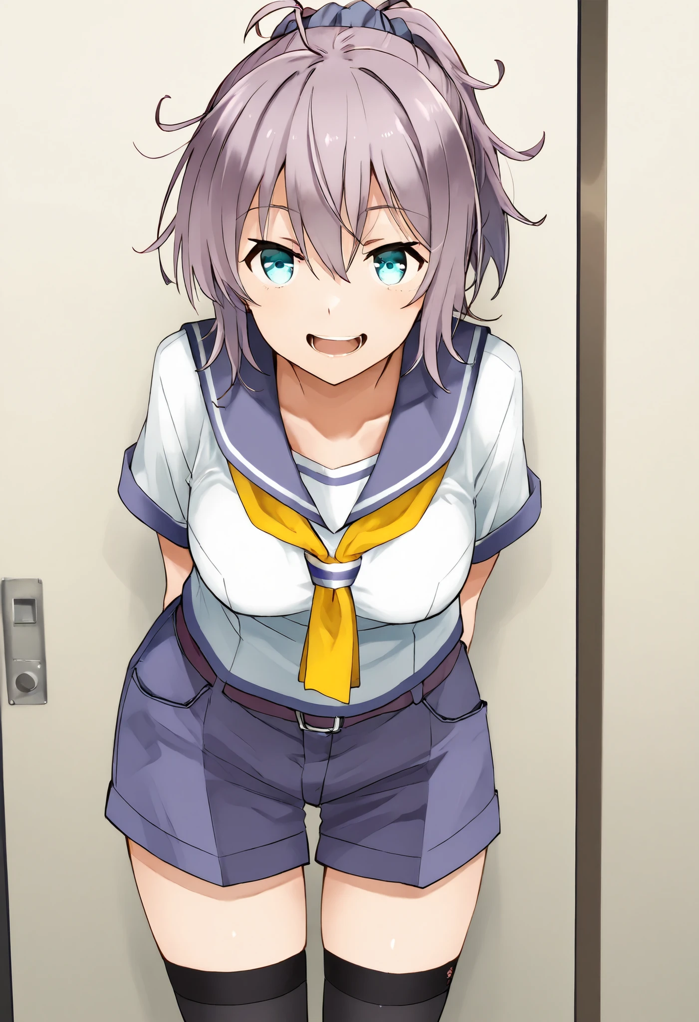Aoba (KANCOLLE))
one girl, solos, detailed skin, Smiling, Open your mouth,
score_9,score_8_up, score_7_up, Source_Anime, masterpiece, top quality, official art, official style,  game CG, 
aobakc, purple_hair, messy hair, short ponytail, blue eyes, aqua eyes, Hair scrunchie
aobadefkc, sailor_collar_yellow_neckerchief, blue sailor collar, purple sailor collar, blue shorts, purple shorts, short sleeves, black thighhighs
 cowboy shot, watching viewers, staring at viewers,



