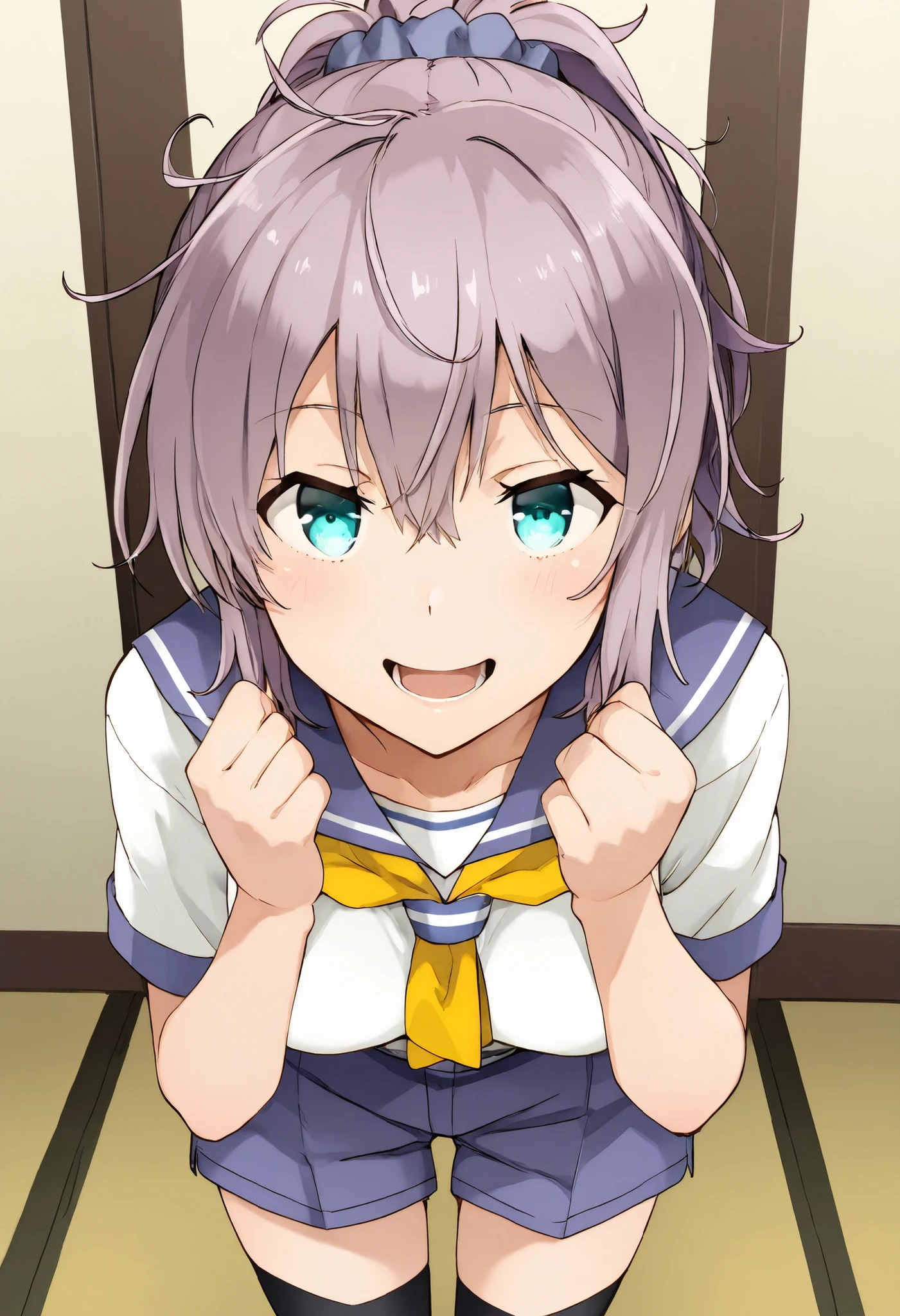 Aoba (KANCOLLE))
one girl, solos, detailed skin, Smiling, Open your mouth,
score_9,score_8_up, score_7_up, Source_Anime, masterpiece, top quality, official art, official style, game CG,
aobakc, purple_hair, messy hair, short ponytail, blue eyes, aqua eyes, Hair scrunchie
aobadefkc, sailor_collar_yellow_neckerchief, blue sailor collar, purple sailor collar, blue shorts, purple shorts, short sleeves, black thighhighs
cowboy shot, watching viewers, staring at viewers,