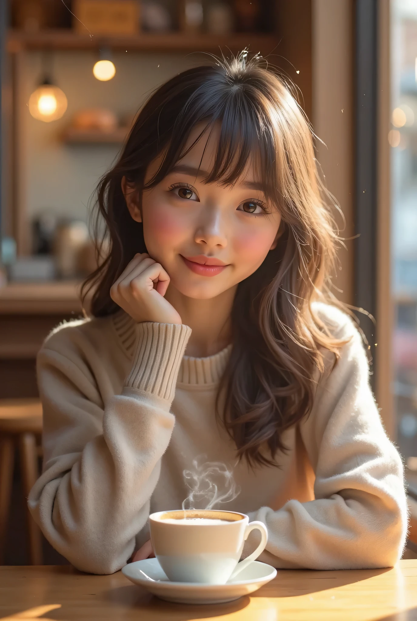 there is a young girl holding a cup of coffee in her hand, girl cute-fine-face, cute natural anime face, with cute - fine - face, sakimi chan, Chiho, Yoshitomo Nara, young cute face, beautiful japanese girls face, brown hair and large eyes, cute kawaii girl, beautiful light big eyes