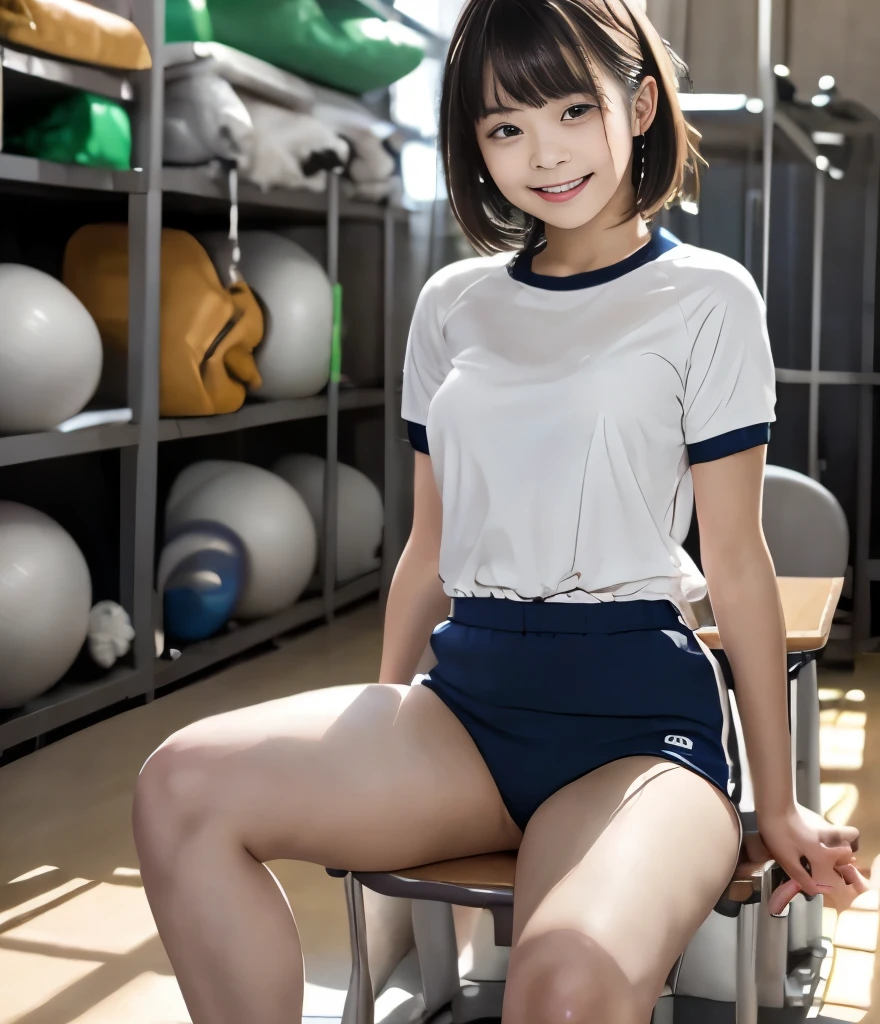  (  top quality 、     super fine)  、  masterpiece、Clear Photo、 (Photoreal:1.6)、   with an optimal ratio of 4 index fingers to 1 thumb {x} professional photography lighting 、Sit in the gym warehouse       、Smile、( cute high school girl  、Yuki Yoda  、idol class、gravure idol )、     Glossy Skin in the Classroom、almond eye 、(   Erect nipples )、Super slim、 slender body covered by defecation、   Thin Waist、  Beautiful legs、(   Female high school student wearing gym clothes、short sleeve、    dark blue bloomers )、(Sit in the gym warehouse        、Sit in front of the camera、   open leg)、(Perfect Anatomy、   Attractive)  、VERY SHORT HAIR:1.6