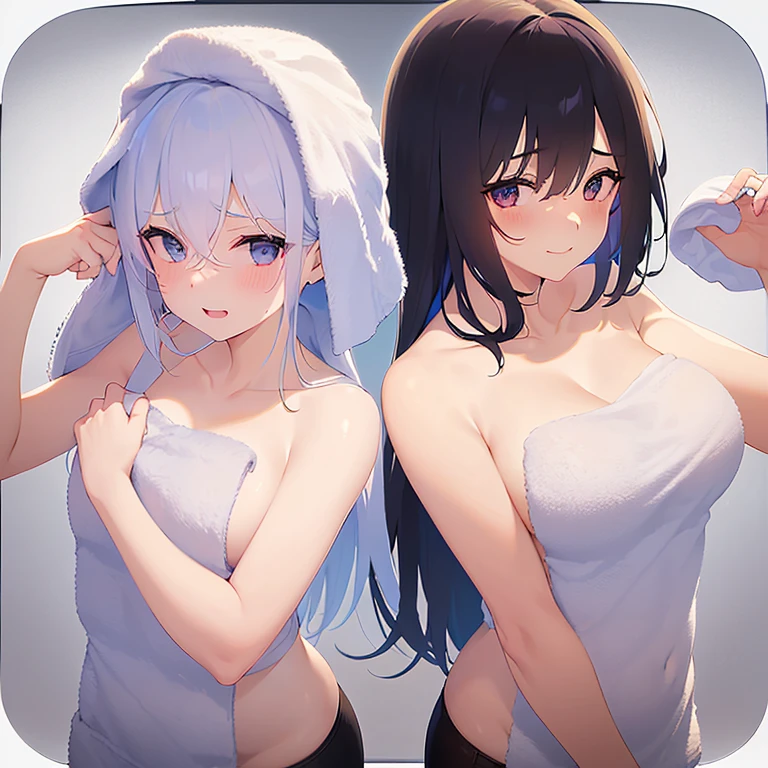 {{2girls}},masterpiece,best quality,very aesthetic,absurdres,cowboy shot,light color,dark color,light hair,dark hair,White hair,light blue hair,light blue eyes,Lovely,translucent hair,dark purple eyes,headless,(black hair,one eyes),back to back,asymmetry,Wide open back,Wide open back,Bare shoulders,ass lift