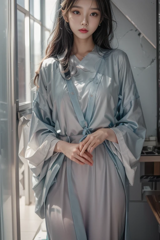 ayaka, genshin impact, kamisato ayaka,  ((Knee Shooting)),（masterpiece、best quality、high resolution），（Colorful background，（splash of color）），sweet girl，Light blue and white medium length hair，[light blue|pink]hair，curls，sparkling，红pink的嘴唇，The cracks are relatively large，splash of color，Volumetric lighting，A plump chest, elegant gesture, Sexy slender legs