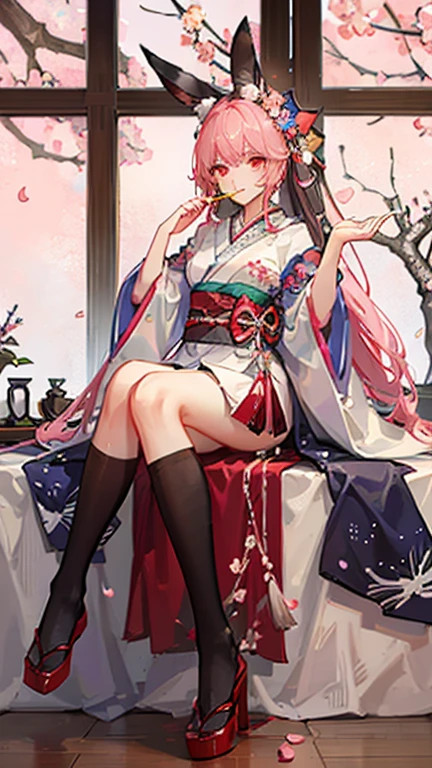 4K,High resolution,One Woman,Pink Hair,Long Ponytail,Blue Eyes,Huge boobs,Swordsman,White samurai armor,breast curtains,Sleeveless,White shoes,Jewelry decoration,Japanese sword,Japanese Village