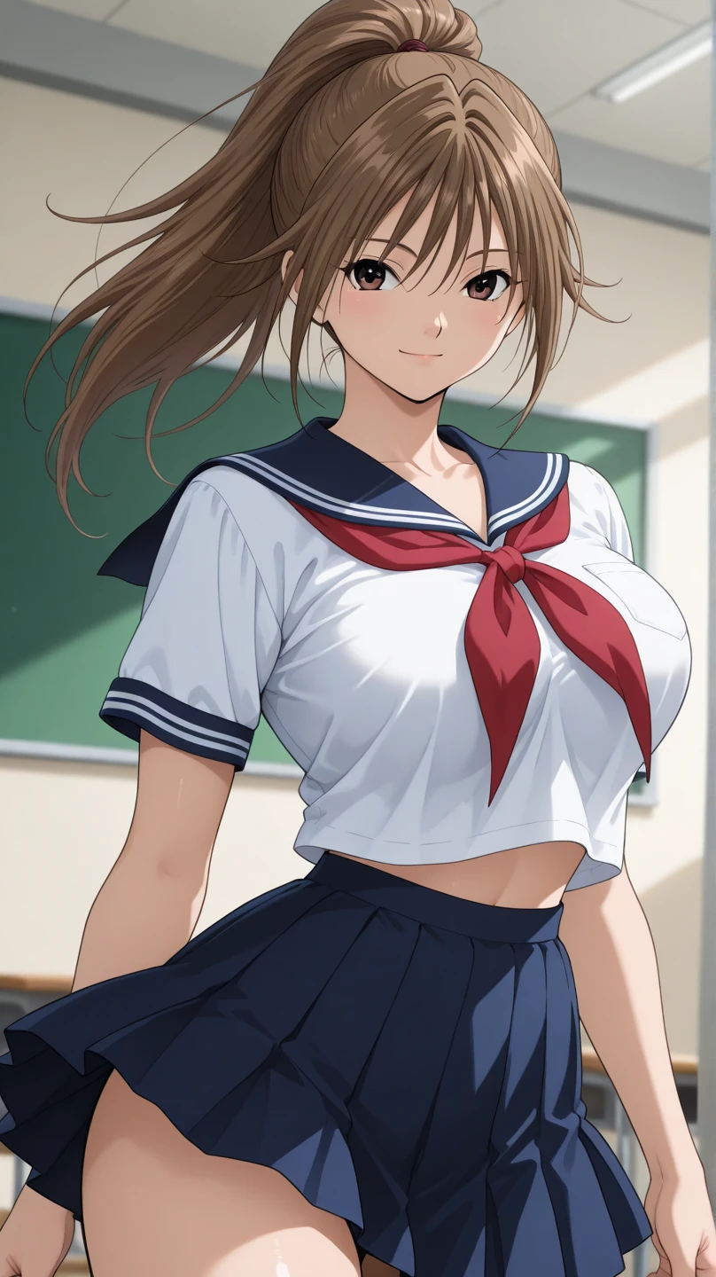 (masterpiece:1.2, highest quality), (Realistic, photoRealistic:1.4), Beautiful illustrations, (Natural Side Lighting, Cinema Lighting), 
View your viewers, 1 girl, Japanese, high school girl, Perfect Face, cute and symmetrical face, Shiny skin, thin,
(Middle Hair:1.5, Straight hair, light brown), Parted bangs, Long Eyelashes, Burstingly Big Breasts:1.4, 
Beautiful Hair, Beautiful Face, Beautiful fine details, Beautiful clavicle, Beautiful body, Beautiful breasts, Beautiful thighs, Beautiful feet, Beautiful fingers, 
((Detailed cloth texture, long sleeves navy cute sailor suit, Navy Pleated Mini Skirt, Navy sailor collar, Blue Sailor Scarf)), 
(Beautiful views), morning, (Downtown), Are standing, (cute, Cute smile, Upward glance), 