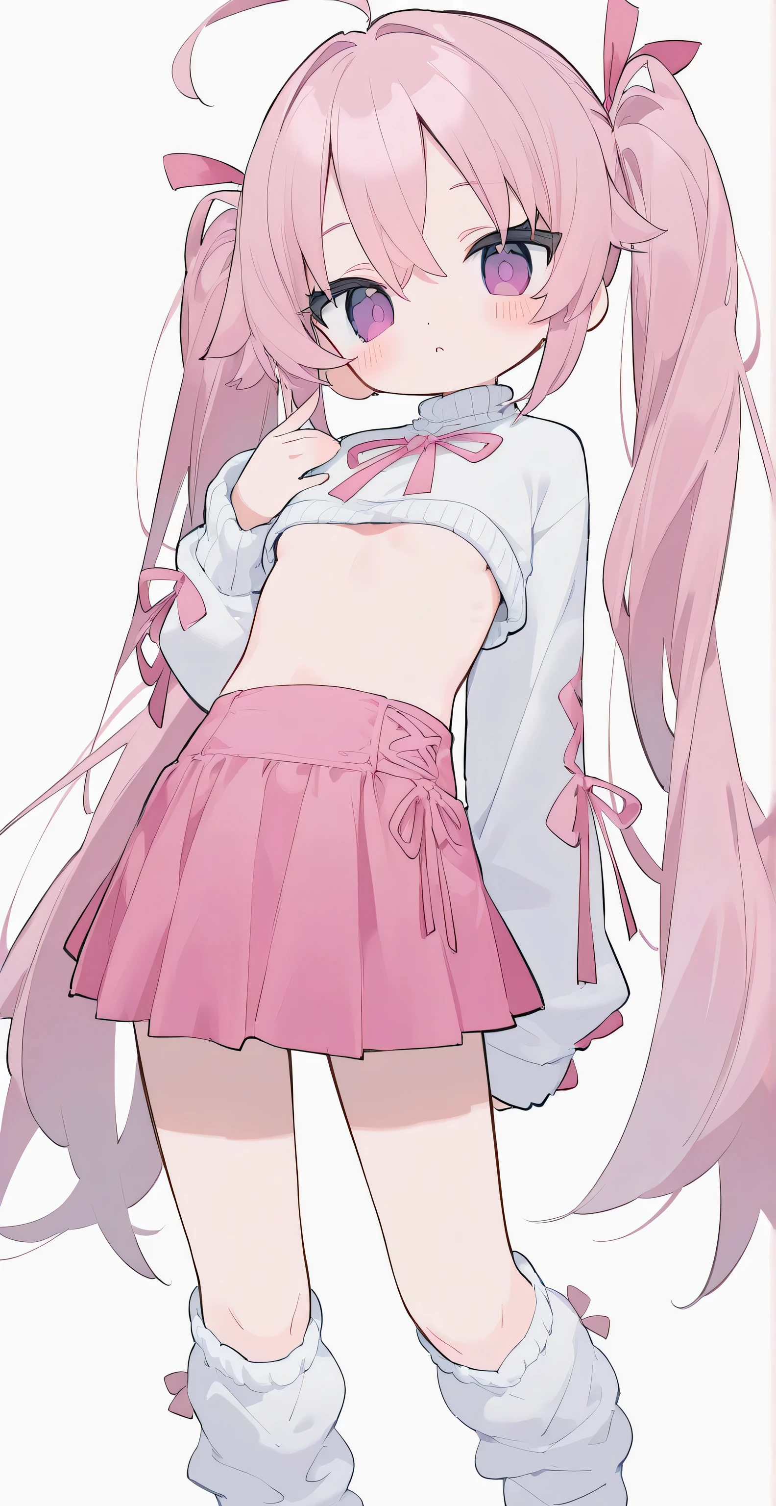 red short hair, (((braids))), fringe, bangs, smiling, hands joined, ((((???????))), ((white dress)), looking back, (((pink panties))