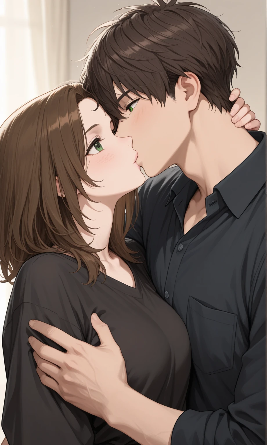 Man and woman kissing in room with window, Smiling couple, smiling at each other, Man and woman in love, Happy couple, Couple Pose, looking at each other mindlessly, attractive girl, Hugging each other, flirting smile, lovely couple, Man and woman, couple kissing, romantic couple, by Emma Andijewska, attractive photo