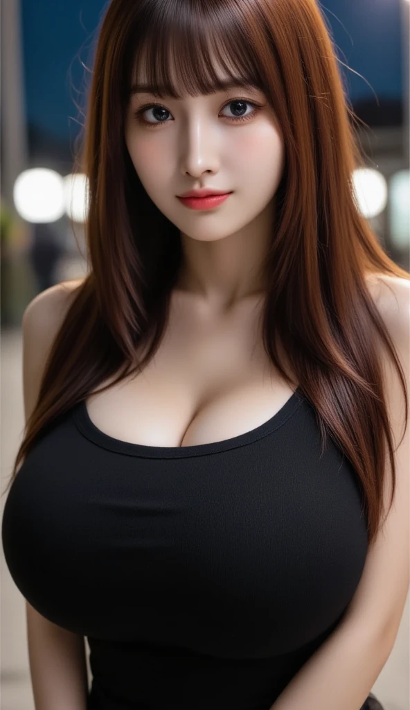 realistic, detailed, 1girl, long red hair, Japanese, asian, bangs, happy, looking at viewer, cleavage, black dress, skin detail,
city
dark theme, deep shadows,
