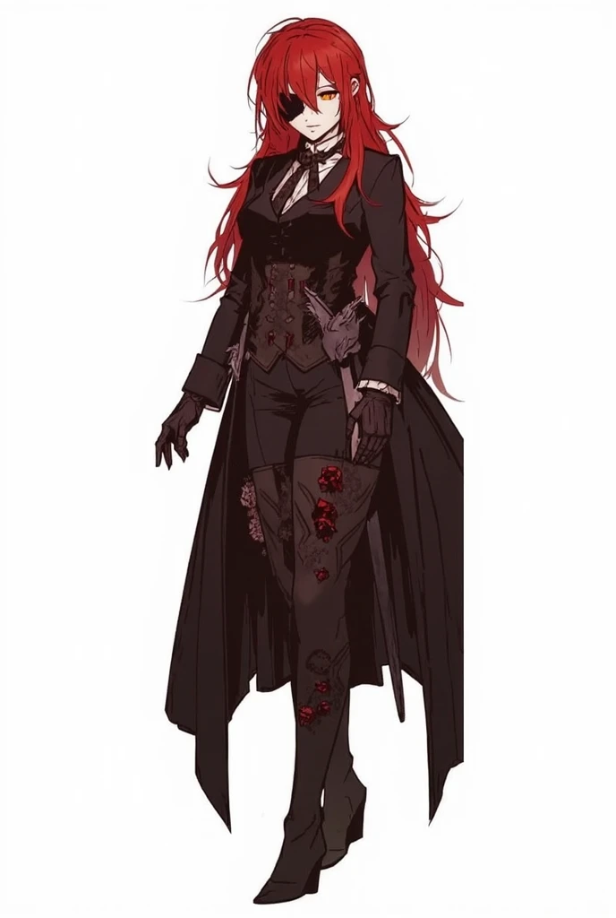 masterpiece, best quality, ultra high quality, high quality illustration, 1girl, solo, crimson red hair, very long hair, french braid, single sidelock, red eyes, glowing eyes, medium breasts, mature girl, neutral, cold, evil face, mischievous, coat on shoulders, overcoat, black coat, white sundress, frills, (dollgirl, doll joints), looking at viewer, ((single hand on hip)), (glowing light), white background, simple background