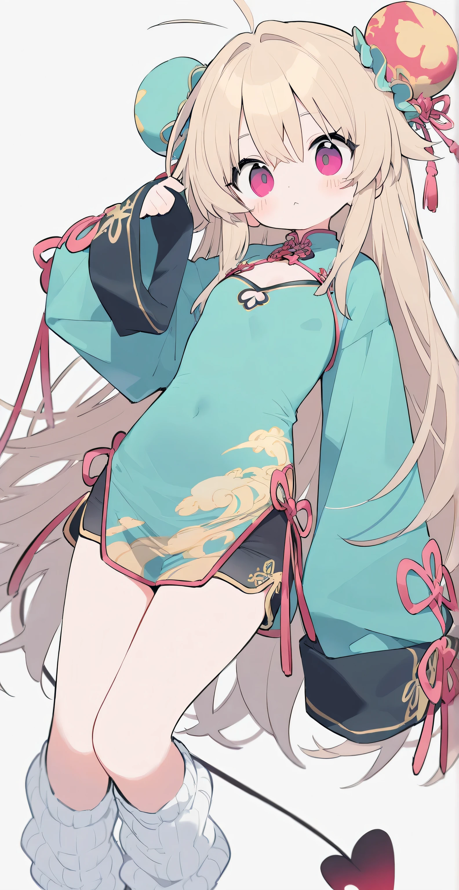 short pants, flat chest, clothed, covered body, tight clothes, cropped clothes, oversized longsleeve, loose socks, medium breasts, long hair, detailed clothes decoration, Chinese dress