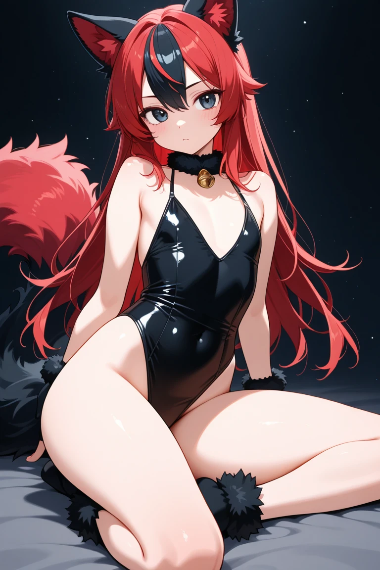 Girl in anime style in the form of a fox, with long red hair standing in tight latex underwear with a cutout under the bust,